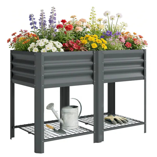 Outsunny Raised Garden Bed Galvanized Steel, Elevated Planter Box with Storage Shelf, Bed Liner, 31.5 Inch High, Dark Gray - product image 11