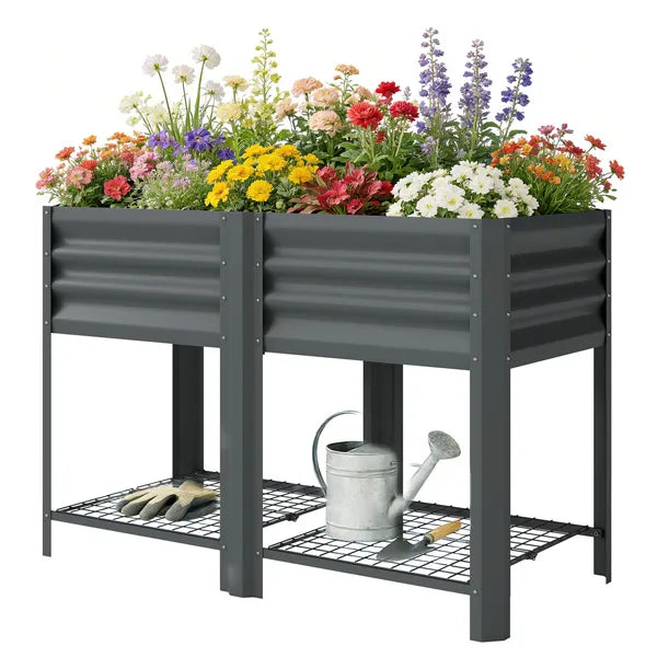 Outsunny Raised Garden Bed Galvanized Steel, Elevated Planter Box with Storage Shelf, Bed Liner, 31.5 Inch High, Dark Gray - product image 1