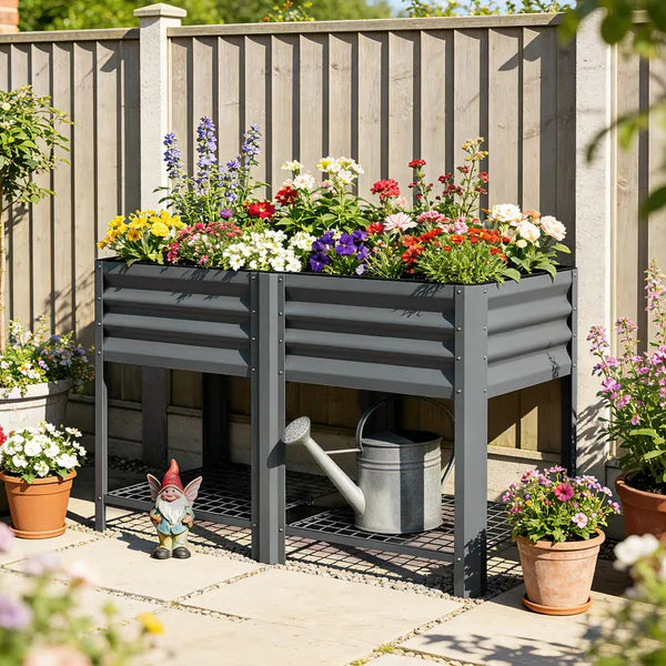 Outsunny Raised Garden Bed Galvanized Steel, Elevated Planter Box with Storage Shelf, Bed Liner, 31.5 Inch High, Dark Gray - product image 2