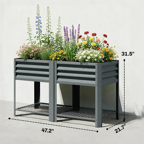 Outsunny Raised Garden Bed Galvanized Steel, Elevated Planter Box with Storage Shelf, Bed Liner, 31.5 Inch High, Dark Gray - product image 3