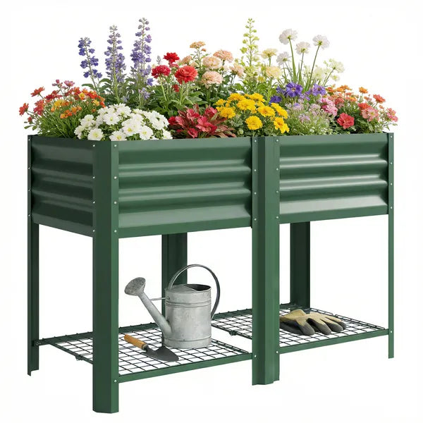 Outsunny Raised Garden Bed Galvanized Steel, Elevated Planter Box with Storage Shelf, Bed Liner, 31.5 Inch High, Green - product image 11