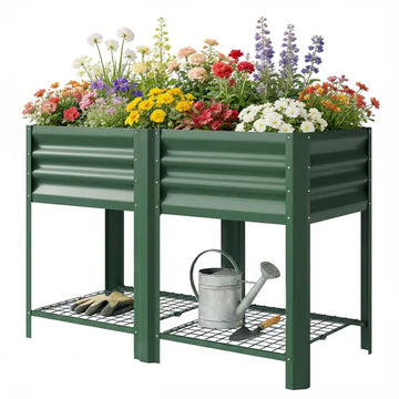 Outsunny Raised Garden Bed Galvanized Steel, Elevated Planter Box with Storage Shelf, Bed Liner, 31.5 Inch High, Green - product image 1
