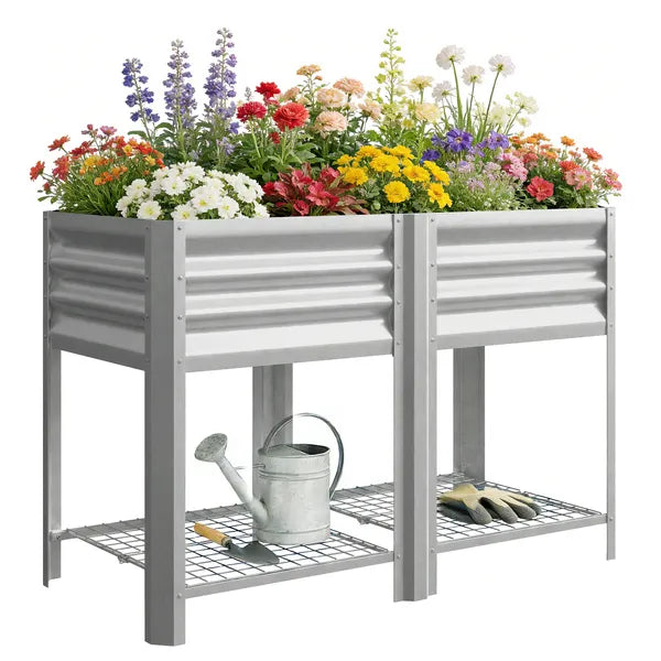 Outsunny Raised Garden Bed Galvanized Steel, Elevated Planter Box with Storage Shelf, Bed Liner, 31.5 Inch High, Silver - product image 11
