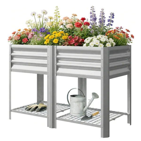 Outsunny Raised Garden Bed Galvanized Steel, Elevated Planter Box with Storage Shelf, Bed Liner, 31.5 Inch High, Silver - product image 1