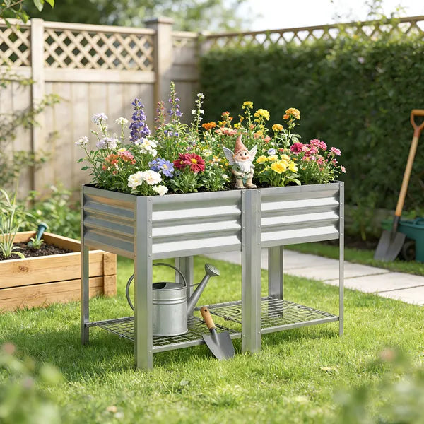 Outsunny Raised Garden Bed Galvanized Steel, Elevated Planter Box with Storage Shelf, Bed Liner, 31.5 Inch High, Silver - product image 9