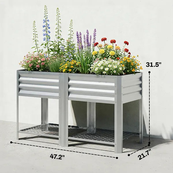 Outsunny Raised Garden Bed Galvanized Steel, Elevated Planter Box with Storage Shelf, Bed Liner, 31.5 Inch High, Silver - product image 3
