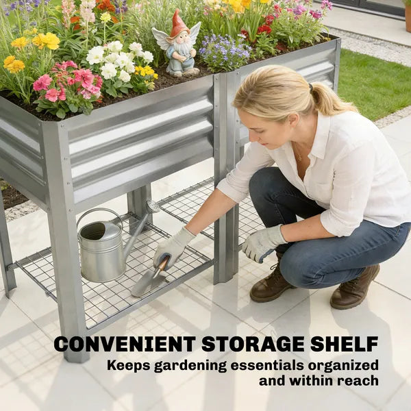 Outsunny Raised Garden Bed Galvanized Steel, Elevated Planter Box with Storage Shelf, Bed Liner, 31.5 Inch High, Silver - product image 7