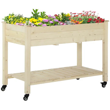 Raised Garden Bed Mobile Elevated Wood Planter Box with Lockable Wheels, Storage Shelf for Herbs and Vegetables Backyard Patio Balcony Zebrano - product image 1