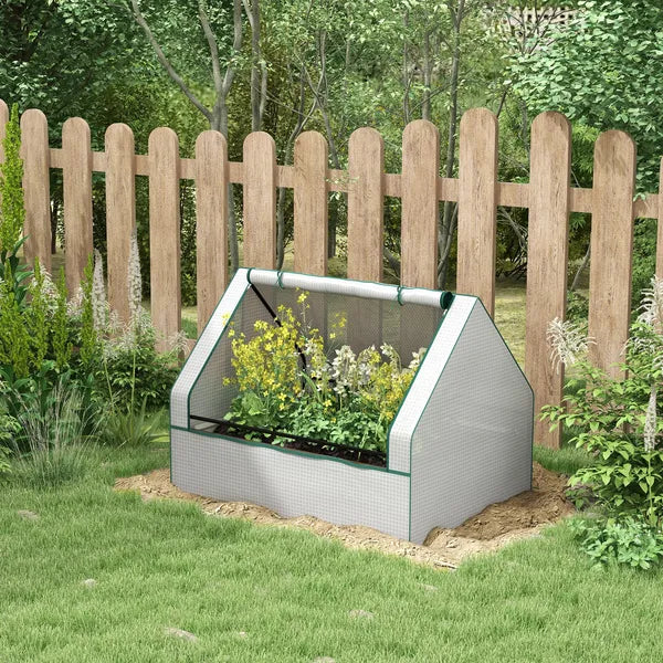 Outsunny Raised Garden Bed, Outdoor Metal Planter Box with Mini Greenhouse, White and Brown - product image 2