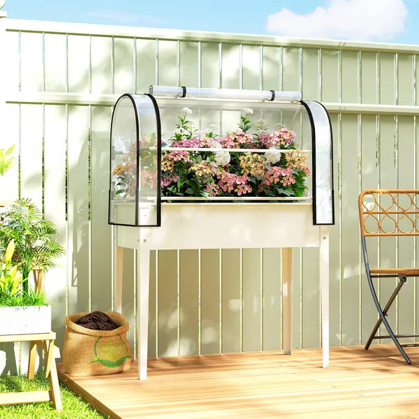 Outsunny Raised Garden Bed with Flip-Up Greenhouse Cover, Metal Elevated Garden Bed with Legs and Drainage Hole, White - product image 2