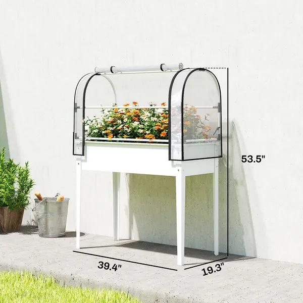 Outsunny Raised Garden Bed with Flip-Up Greenhouse Cover, Metal Elevated Garden Bed with Legs and Drainage Hole, White - product image 3