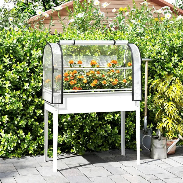 Outsunny Raised Garden Bed with Flip-Up Greenhouse Cover, Metal Elevated Garden Bed with Legs and Drainage Hole, White - product image 10