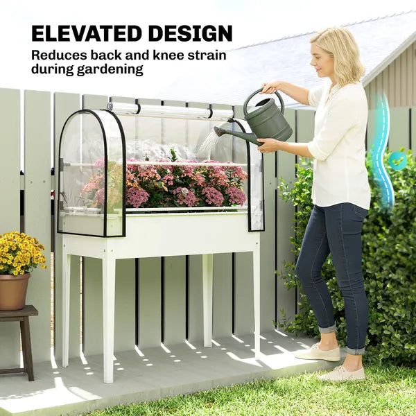 Outsunny Raised Garden Bed with Flip-Up Greenhouse Cover, Metal Elevated Garden Bed with Legs and Drainage Hole, White - product image 7