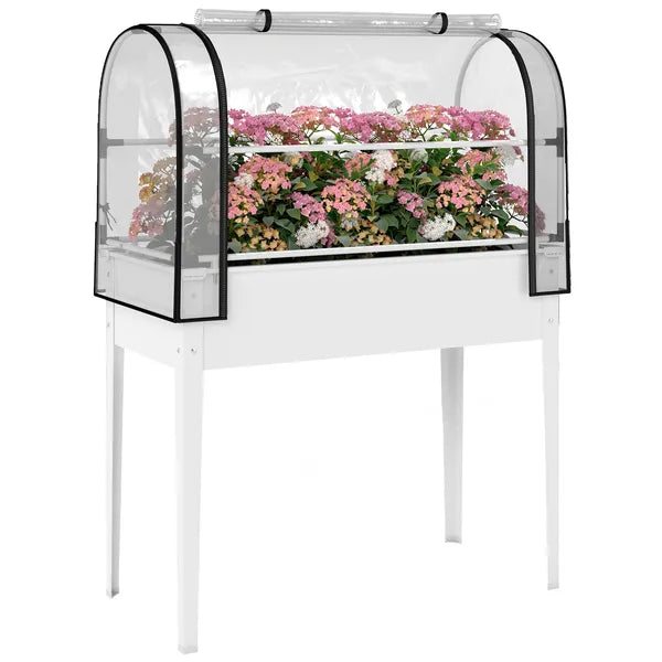 Outsunny Raised Garden Bed with Flip-Up Greenhouse Cover, Metal Elevated Garden Bed with Legs and Drainage Hole, White - product image 11