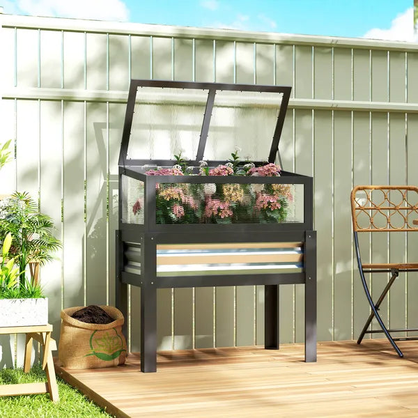 Outsunny Raised Garden Bed with Flip-Up Mini Greenhouse, Elevated Planter Box with Legs and Bed Liner for Flowers, Vegetables - product image 2