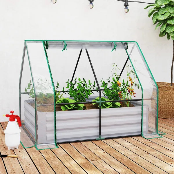 Outsunny Raised Garden Bed with Greenhouse, Steel Planter Box with Plastic Cover, Roll-Up Window, Clear - product image 2
