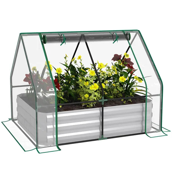 Outsunny Raised Garden Bed with Greenhouse, Steel Planter Box with Plastic Cover, Roll-Up Window, Clear - product image 1