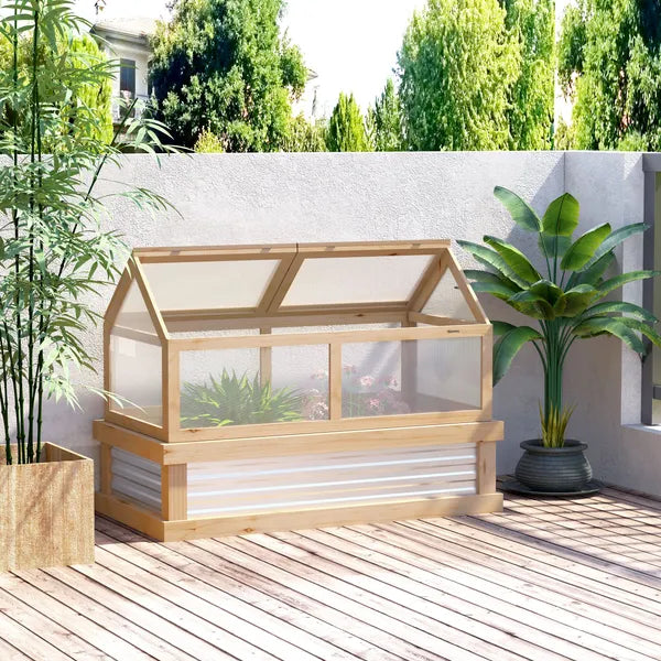 Outsunny Raised Garden Bed with Greenhouse Top, Garden Wooden Cold Frame Greenhouse Flower Planter Protection, 48 Inchx24 Inchx32.25 Inch, Natural - product image 2