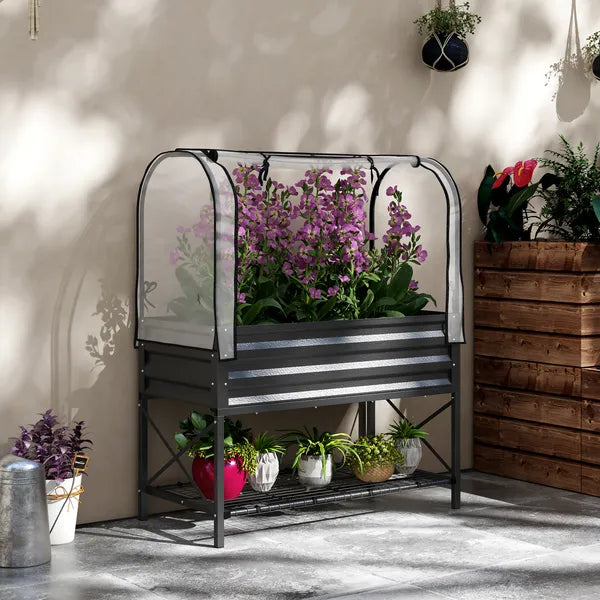 Outsunny Raised Garden Bed with Legs and Cover, Metal Elevated Planter Box with Bottom Shelf and Liner for Vegetables, Black - product image 10