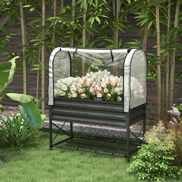 Outsunny Raised Garden Bed with Legs and Cover, Metal Elevated Planter Box with Bottom Shelf and Liner for Vegetables, Black - product image 2