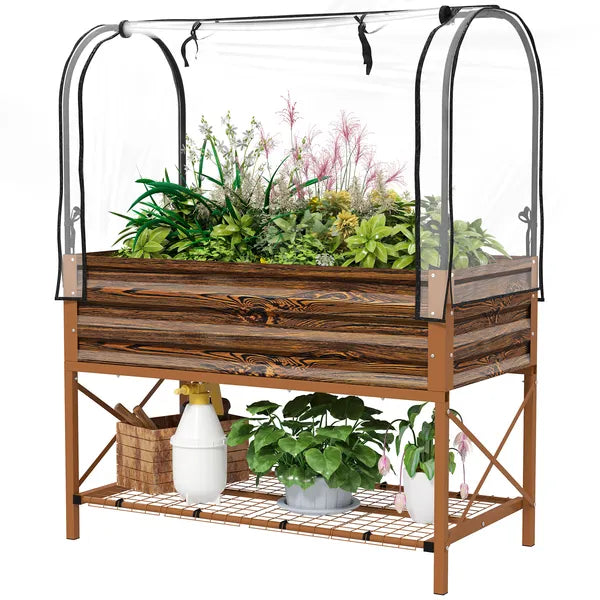 Outsunny Raised Garden Bed with Legs and Cover, Metal Elevated Planter Box with Bottom Shelf and Liner for Vegetables, Brown - product image 1