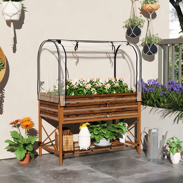 Outsunny Raised Garden Bed with Legs and Cover, Metal Elevated Planter Box with Bottom Shelf and Liner for Vegetables, Brown - product image 2