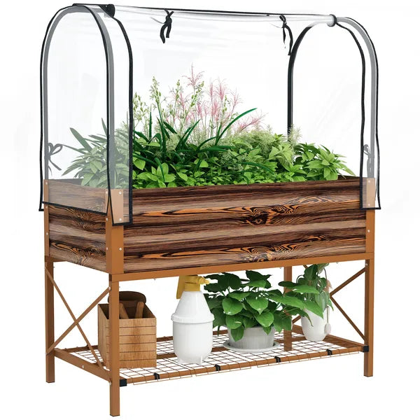 Outsunny Raised Garden Bed with Legs and Cover, Metal Elevated Planter Box with Bottom Shelf and Liner for Vegetables, Brown - product image 11