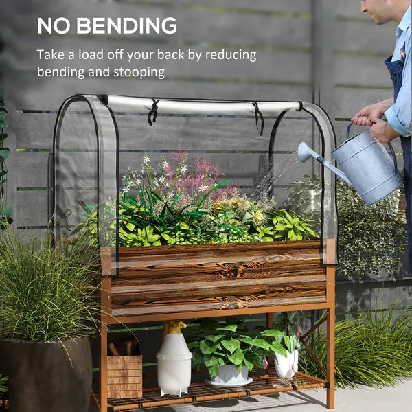 Outsunny Raised Garden Bed with Legs and Cover, Metal Elevated Planter Box with Bottom Shelf and Liner for Vegetables, Brown - product image 7