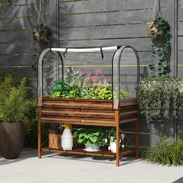 Outsunny Raised Garden Bed with Legs and Cover, Metal Elevated Planter Box with Bottom Shelf and Liner for Vegetables, Brown - product image 10