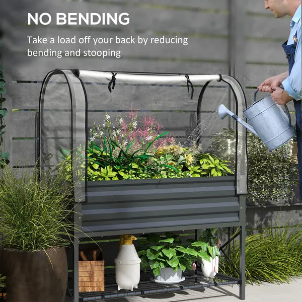 Outsunny Raised Garden Bed with Legs and Cover, Metal Elevated Planter Box with Bottom Shelf and Liner for Vegetables, Dark Gray - product image 7
