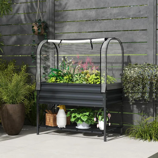 Outsunny Raised Garden Bed with Legs and Cover, Metal Elevated Planter Box with Bottom Shelf and Liner for Vegetables, Dark Gray - product image 10
