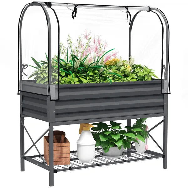 Outsunny Raised Garden Bed with Legs and Cover, Metal Elevated Planter Box with Bottom Shelf and Liner for Vegetables, Dark Gray - product image 11