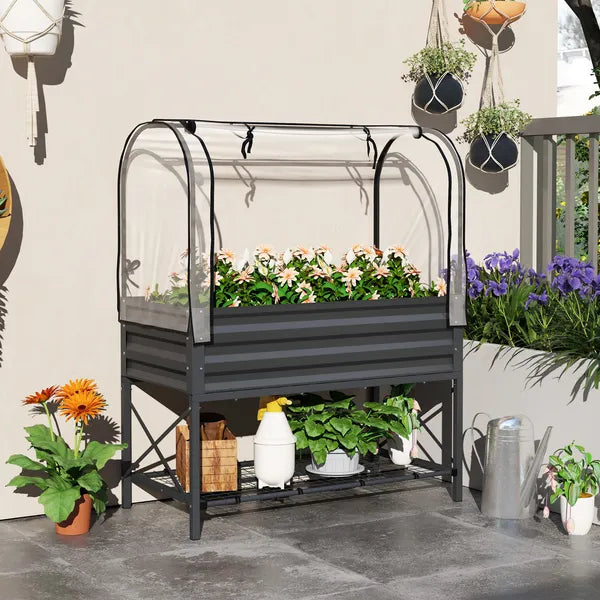 Outsunny Raised Garden Bed with Legs and Cover, Metal Elevated Planter Box with Bottom Shelf and Liner for Vegetables, Dark Gray - product image 2