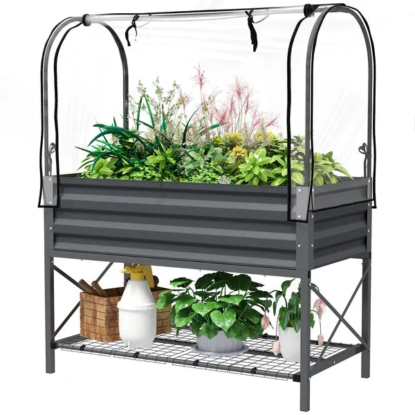 Outsunny Raised Garden Bed with Legs and Cover, Metal Elevated Planter Box with Bottom Shelf and Liner for Vegetables, Dark Gray - product image 1