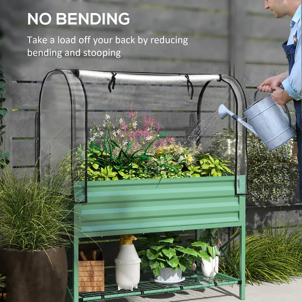 Outsunny Raised Garden Bed with Legs and Cover, Metal Elevated Planter Box with Bottom Shelf and Liner for Vegetables, Green - product image 7