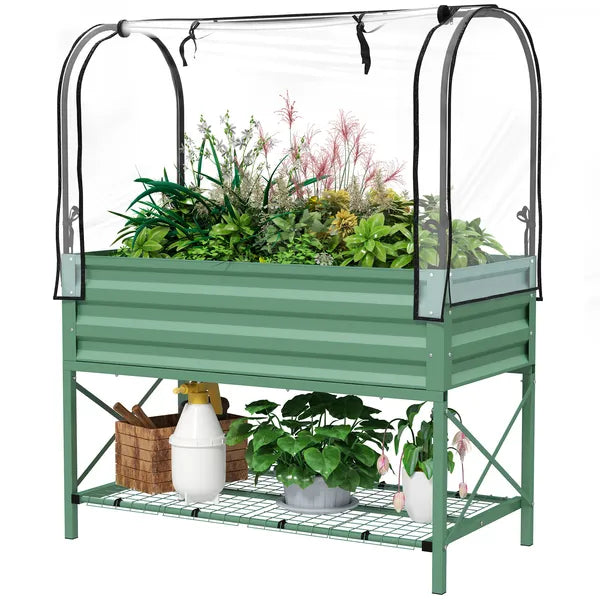 Outsunny Raised Garden Bed with Legs and Cover, Metal Elevated Planter Box with Bottom Shelf and Liner for Vegetables, Green - product image 1