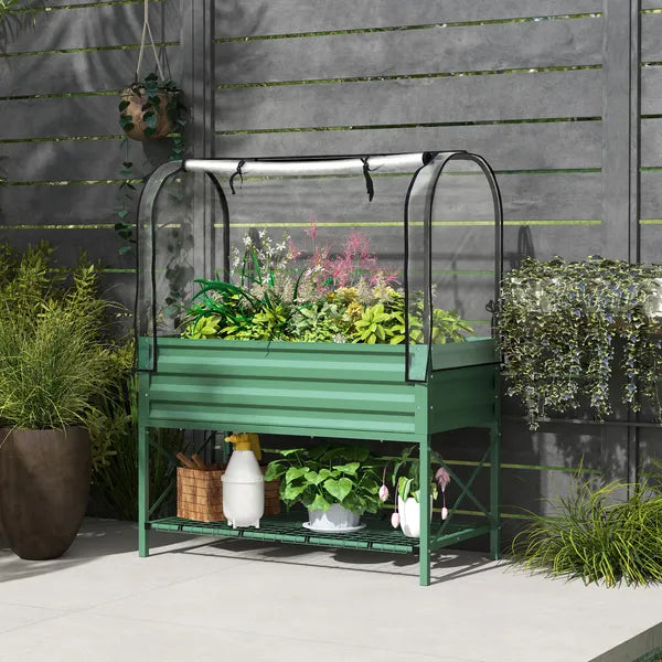 Outsunny Raised Garden Bed with Legs and Cover, Metal Elevated Planter Box with Bottom Shelf and Liner for Vegetables, Green - product image 10