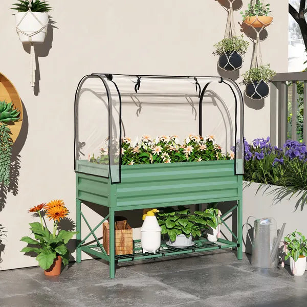 Outsunny Raised Garden Bed with Legs and Cover, Metal Elevated Planter Box with Bottom Shelf and Liner for Vegetables, Green - product image 2