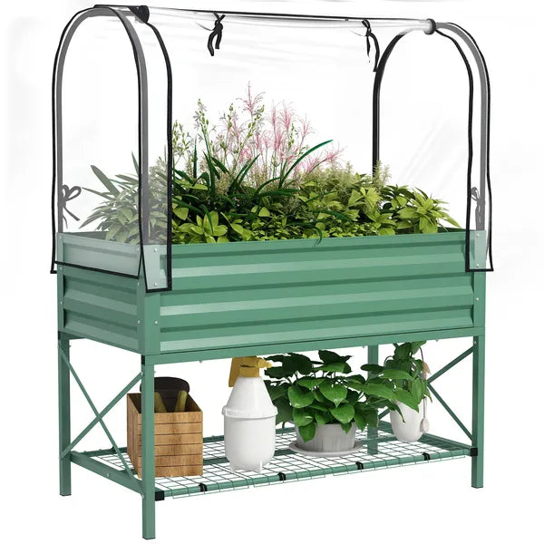 Outsunny Raised Garden Bed with Legs and Cover, Metal Elevated Planter Box with Bottom Shelf and Liner for Vegetables, Green - product image 11