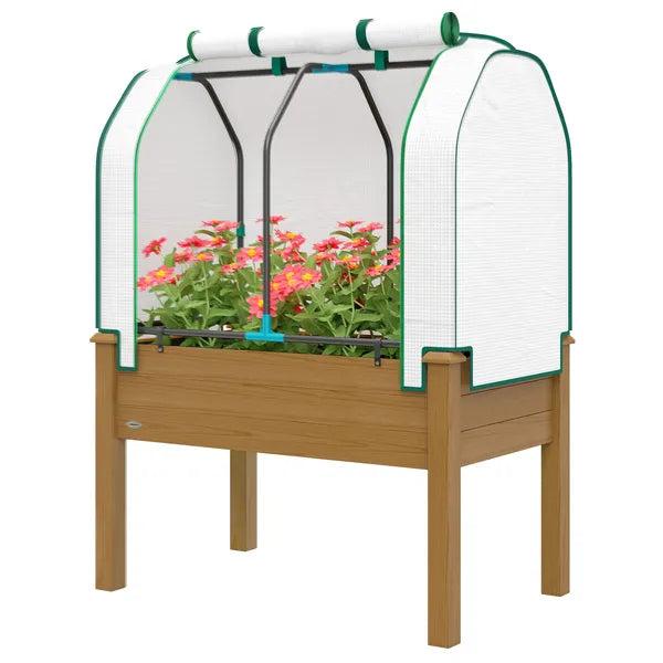 Outsunny Raised Garden Bed with PE Greenhouse Cover Outdoor Planter Box for Herbs and Vegetables, 35 x 22 x 47 inch, Brown - product image 1