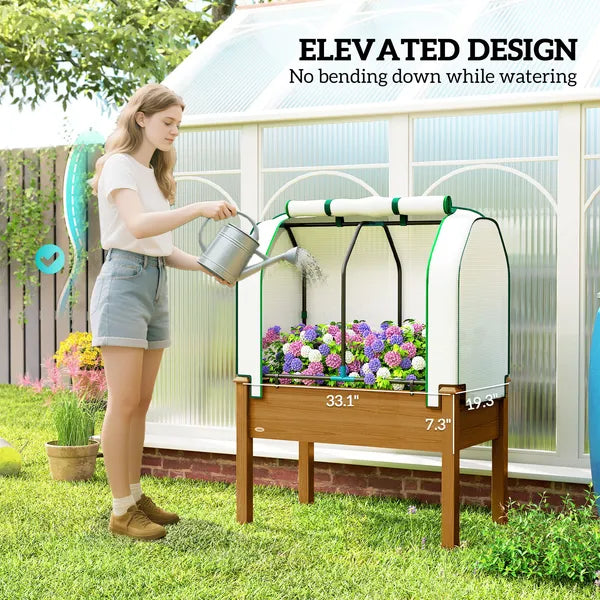 Outsunny Raised Garden Bed with PE Greenhouse Cover Outdoor Planter Box for Herbs and Vegetables, 35 x 22 x 47 inch, Brown - product image 6