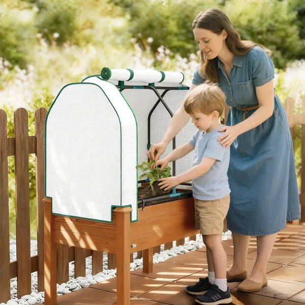Outsunny Raised Garden Bed with PE Greenhouse Cover Outdoor Planter Box for Herbs and Vegetables, 35 x 22 x 47 inch, Brown - product image 9