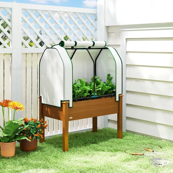Outsunny Raised Garden Bed with PE Greenhouse Cover Outdoor Planter Box for Herbs and Vegetables, 35 x 22 x 47 inch, Brown - product image 2