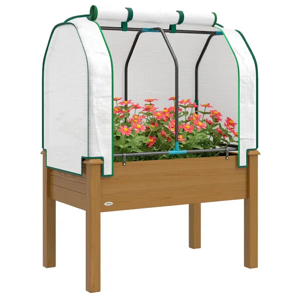 Outsunny Raised Garden Bed with PE Greenhouse Cover Outdoor Planter Box for Herbs and Vegetables, 35 x 22 x 47 inch, Brown - product image 11