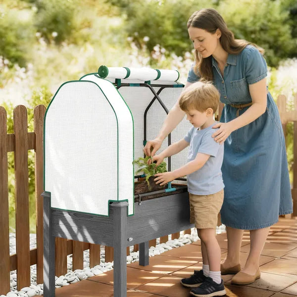 Outsunny Raised Garden Bed with PE Greenhouse Cover Outdoor Planter Box for Herbs and Vegetables, 35 x 22 x 47 inch, Dark Gray - product image 9