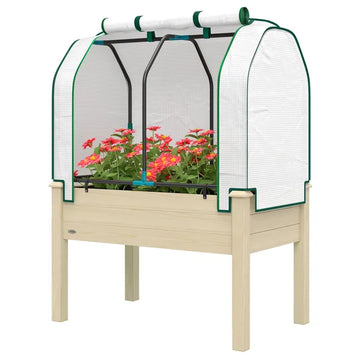 Outsunny Raised Garden Bed with PE Greenhouse Cover Outdoor Planter Box for Herbs and Vegetables, 35 x 22 x 47 inch, Natural - product image 1