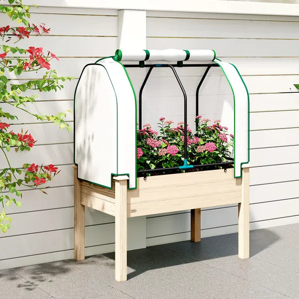 Outsunny Raised Garden Bed with PE Greenhouse Cover Outdoor Planter Box for Herbs and Vegetables, 35 x 22 x 47 inch, Natural - product image 8