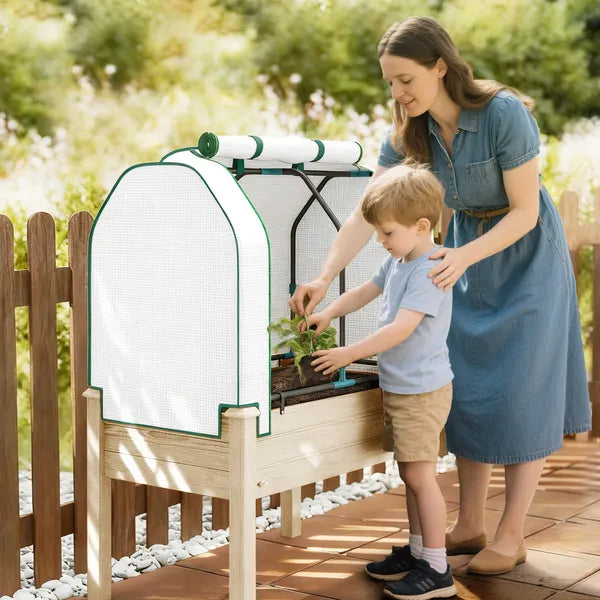 Outsunny Raised Garden Bed with PE Greenhouse Cover Outdoor Planter Box for Herbs and Vegetables, 35 x 22 x 47 inch, Natural - product image 9