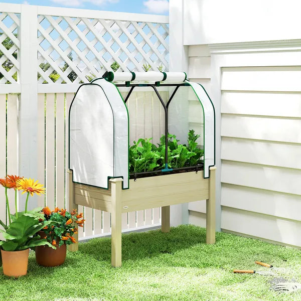 Outsunny Raised Garden Bed with PE Greenhouse Cover Outdoor Planter Box for Herbs and Vegetables, 35 x 22 x 47 inch, Natural - product image 2