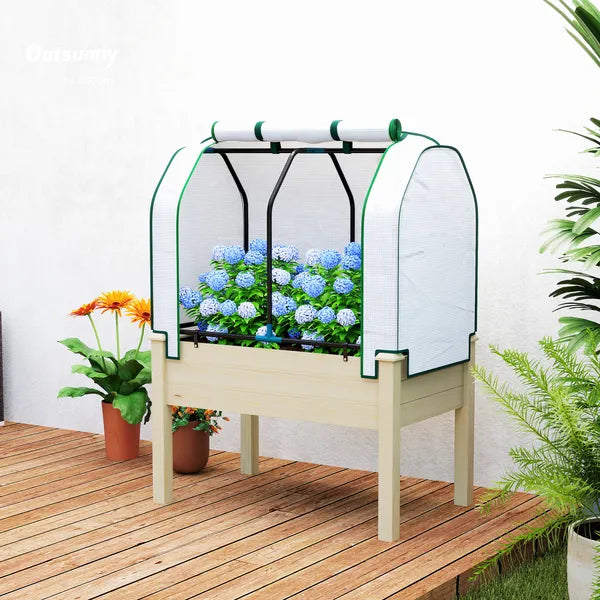 Outsunny Raised Garden Bed with PE Greenhouse Cover Outdoor Planter Box for Herbs and Vegetables, 35 x 22 x 47 inch, Natural - product image 10